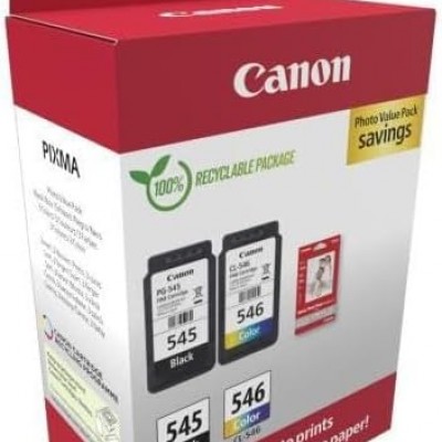 Canon Mürekkep ve Kağıt Çoklu Paket - PG-545/CL-546 Orijinal Yazıcı Mürekkep Kartuşları 2'li Paket (1 x Siyah, 1 x Renk) ve 4x6 Fotoğraf Kağıdı (50 x Yaprak) 