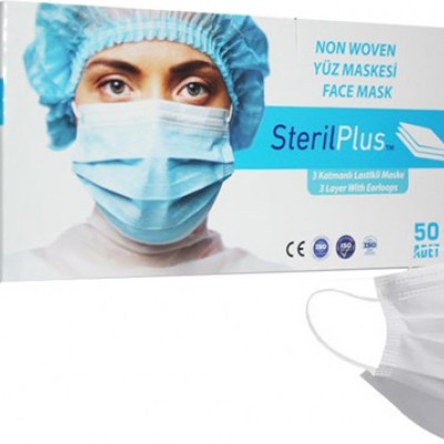 Steril Plus 3 Katlı Ultrasonik 50 Adet Burun Telli Ağız Maskesi