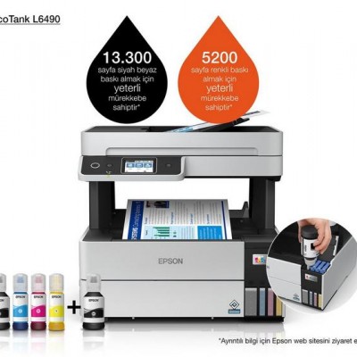 EPSON EcoTank L6490 Yazıcı Tarayıcı Fotokopi Faks Wi-F Direct Inkjet Tanklı 