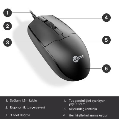 Lecoo MS101 USB Kablolu 1200DPI 3 Tuşlu Optik Mouse Siyah